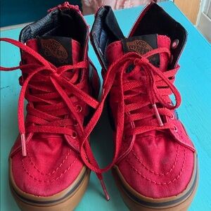 Vans Red Canvas High-Tops with Brown Soles Zip Backs Kids size 12